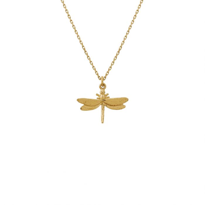Alex Monroe gold necklace with dragonfly pendant, front view