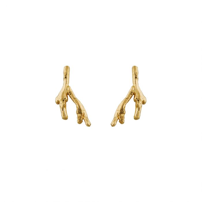 Alex Monroe gold stud branch earrings, front view