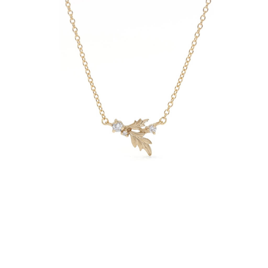 Megan Thorne gold leaf necklace with diamonds, front view
